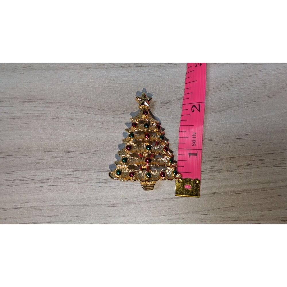 Vintage Gold Tone Christmas Tree Brooch Pin Red Green Rhinestones Holiday Xmas